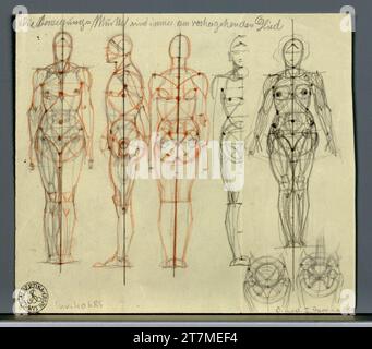 Alexander Rothaug quelques études anatomiques. Crayon, crayon de couleur rouge Banque D'Images