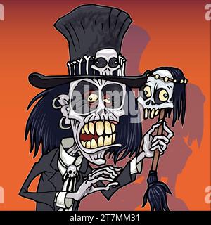 Illustration humoristique de dessin animé d'art, vaudou, tête de crâne figure portant le chapeau haut de gamme, zombie, Papa Legba, carte d'Halloween, newsletter, magazine powerpoint Banque D'Images