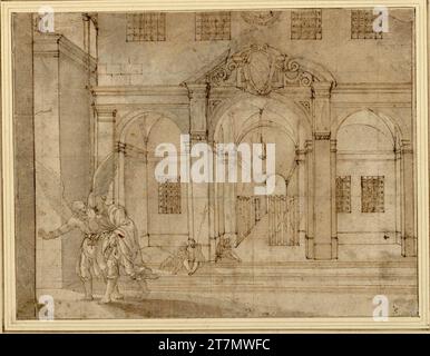 Anonyme Pierre est conduit de prison par l'ange ; trois gardes endormis au but ; au-dessus de cela un blason, dans le signe duquel trois boules à la craie ont probablement été enregistrées plus tard. Plume ; encre ; gris et brun lavés ; équarrissage cycliste ; bleu Banque D'Images