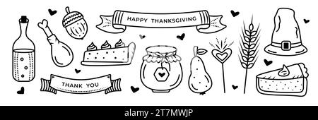 Jeu de doodle de Thanksgiving, illustrations vectorielles en noir et blanc Illustration de Vecteur
