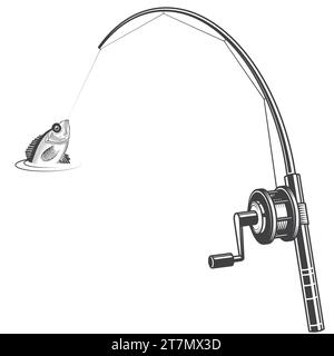 Vieille canne à pêche avec moulinet, poisson tournant et mordant, pêcheur, vecteur Illustration de Vecteur