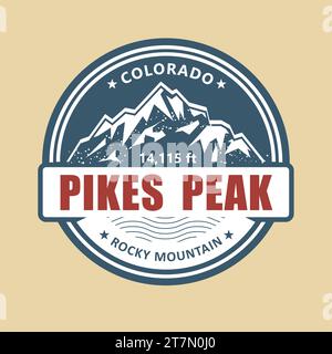 Pikes Peak, timbre symbolique du Colorado, emblème avec des montagnes enneigées, vecteur Illustration de Vecteur