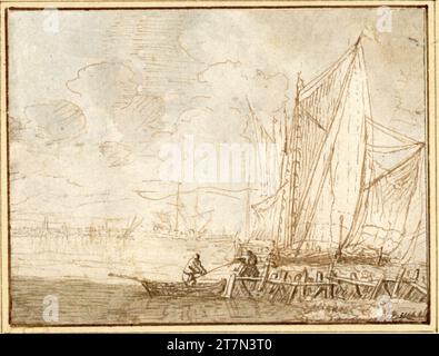 Jan Porcellis Restrum avec une barque devant un port. FEDER en marron, marron et gris. Banque D'Images