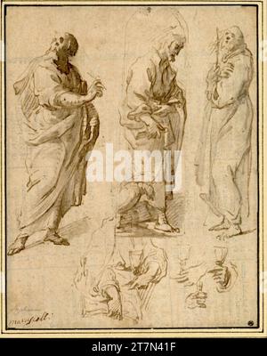 Giovanni Stefano Marucelli Fiche d'étude. (Relie un évangéliste en vue de face à gauche ; au milieu de Jean l'évangéliste dans une niche marchant à droite ; à droite un moine debout à gauche ; en dessous une étude sur Johannes Evangelista avec Kelch ; trois études de main avec calice). Plume ; lavée ; papier brunâtre (page de livre imprimée au dos avec texte) Banque D'Images