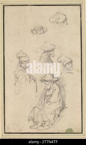 Rembrandt Harmensz. Van Rijn feuille d'étude avec une vieille assise, deux demi-figures, deux têtes et un chapeau. Craie noire ; en bas à droite. Une tache de couleur verte. 1647-1652, 1647/1652 Banque D'Images