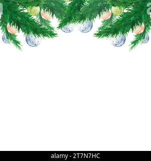 Branches d'arbre de noël aquarelle décorées avec des boules de verre bleues, roses et vertes suspendues sur un ruban doré et des guirlandes lumineuses. Vecteur. Noël Illustration de Vecteur