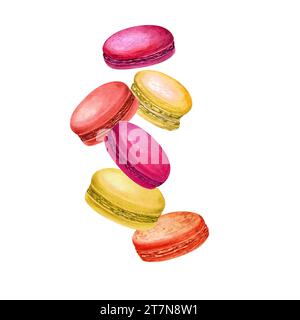 Lévitation de macarons aromatisés aux baies. Macaron rouge, jaune, orange en mouvement tombant ou volant. Dessert sucré. Framboise, argousier, canneberge Banque D'Images