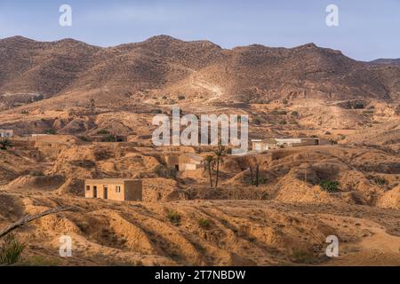 Les collines sablonneuses de la ville de Matmata (lieu de tournage de Star Wars), avec des paysages désertiques pittoresques, des maisons de boue et des palmiers en Tunisie. Banque D'Images