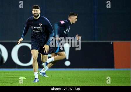 Zagreb, Hrvatska. 16 novembre 2023. Josko Gvardiol, Nikola Moro lors de l'entraînement de l'équipe de football croate avant le match de qualification pour L'EURO 2024 contre la Lettonie à Zagreb, Croatie le 16. Novembre 2023. Photo : Marko Lukunic/PIXSELL crédit : Pixsell/Alamy Live News Banque D'Images