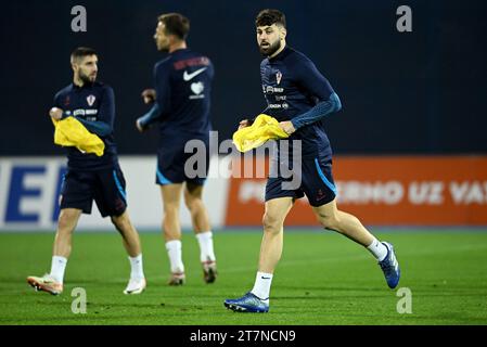 Zagreb, Hrvatska. 16 novembre 2023. Josko Gvardiol lors de l'entraînement de l'équipe croate de football avant le match de qualification pour L'EURO 2024 contre la Lettonie à Zagreb, Croatie le 16. Novembre 2023. Photo : Marko Lukunic/PIXSELL crédit : Pixsell/Alamy Live News Banque D'Images