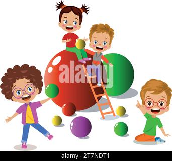 enfants jouant avec des boules colorées et des formes géométriques Illustration de Vecteur