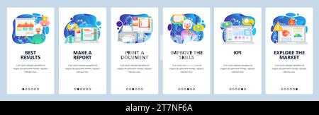 Écrans d'intégration des applications mobiles. Présentation financière, graphiques d'affaires, KPI, part de marché, éducation commerciale. Modèle de bannière de vecteur de menu pour le site Web Illustration de Vecteur