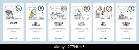 Écrans d'intégration des applications mobiles. Nourriture sucrée, crème glacée, lait d'avoine, produits laitiers, gâteau au fromage. Modèle de bannière de vecteur de menu pour le site Web et le develo mobile Illustration de Vecteur