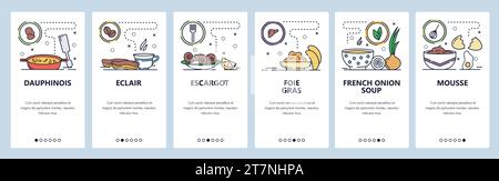 Écrans d'intégration des applications mobiles. Cuisine française, cuisine, eclair, foie gras, soupe à l'oignon. Modèle de bannière de vecteur de menu pour le développement de site Web et mobile. Nous Illustration de Vecteur