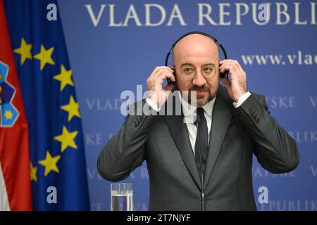 Zagreb, Croatie. 16 novembre 2023. Le président du Conseil européen, Charles Michel, prend la parole lors d'une conférence de presse avant la réunion des dirigeants de l'UE à Zagreb, Croatie, le 16 novembre 2023. Photo : Davor Puklavec/PIXSELL crédit : Pixsell/Alamy Live News Banque D'Images