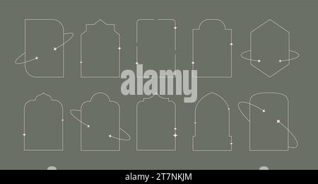 Cadres linéaires esthétiques minimes, arches avec étoiles décoratives, lunes. Fenêtre vectorielle géométrique Boho, ensemble de porte. Illustration de Vecteur