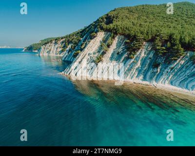 Vue aérienne de la côte pittoresque avec mer bleue et falaises rocheuses avec forêt de pins. Journée d'été sur la mer Adriatique Banque D'Images