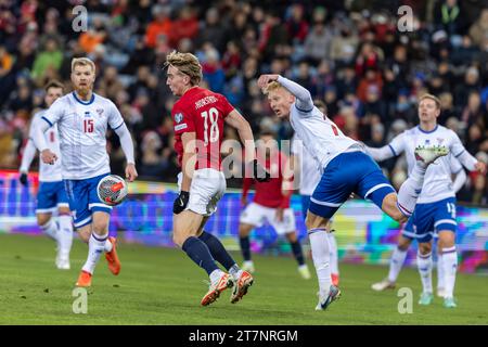 Oslo, Norvège 16 novembre 2023 Kristian Thorstvedt de Norvège et l'US Sassuolo fc en action lors du match de qualification du Groupe A pour le Championnat d'Europe de l'UEFA 2024 entre la Norvège et les îles Féroé qui s'est tenu à l'Ullevaal Stadion à Oslo, Norvège crédit : Nigel Waldron/Alamy Live News Banque D'Images