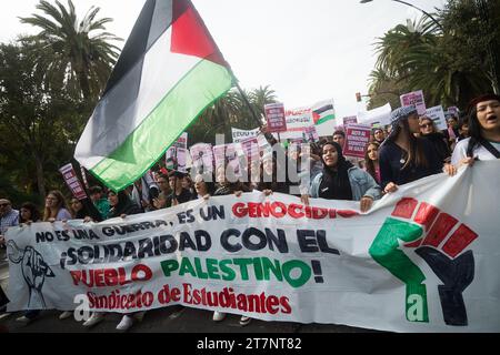 Malaga, Espagne. 16 novembre 2023. Une femme est vue derrière une grande bannière et agitant un drapeau palestinien alors qu’elle participe à une deuxième manifestation étudiante en soutien à la Palestine et à Gaza. Des dizaines d’étudiants ont participé à une manifestation syndicale étudiante réclamant la fin du bombardement de Gaza et en solidarité avec le peuple palestinien, au milieu de la guerre entre Israël et le Hamas. (Photo Jesus Merida/SOPA Images/Sipa USA) crédit : SIPA USA/Alamy Live News Banque D'Images