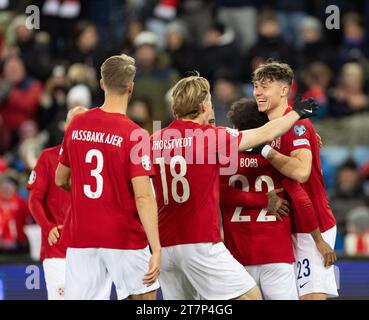 Oslo, Norvège. 16 novembre 2023. Oslo, Norvège, 16 novembre 2023 : les joueurs de Norvège célèbrent après avoir marqué lors du match international amical de football entre la Norvège et les îles Féroé au stade Ullevaal d'Oslo, Norvège. (Ane Frosaker/SPP) crédit : SPP Sport Press photo. /Alamy Live News Banque D'Images