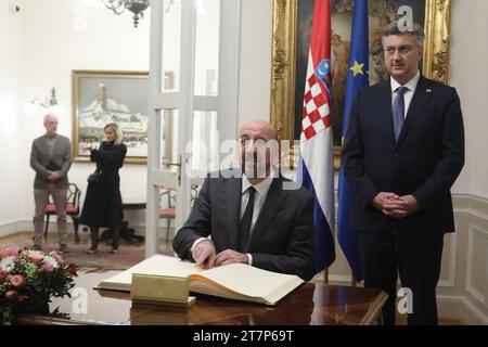 Croatie, Zagreb, 161123. Le Premier ministre croate Andrej Plenkovic accueille des réunions bilatérales et des dîners de travail auxquels participent le président du Conseil européen Charles Michel, le Premier ministre de la République italienne Giorgia Meloni, le Premier ministre de la République de Malte Robert Abela, premier ministre de la République de Pologne Mateusz Morawiecki et Secrétaire générale du Conseil européen Thérèse Blanchet. Le thème du dîner de travail est la poursuite de la discussion sur le nouveau programme stratégique de l'UE. Photo : Ranko Suvar/CROPIX Copyright : xxRankoxSuvarx/xCROPIXx michel plenkovi Banque D'Images