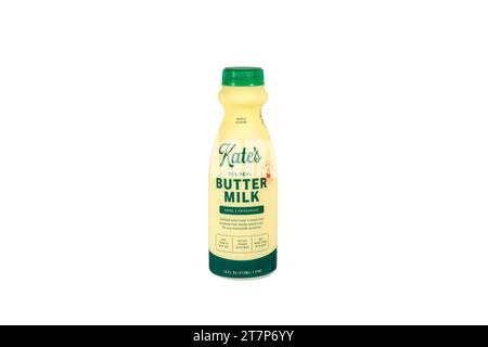 Une bouteille de 100% Real Buttermilk de Kate isolée sur fond blanc. image découpée pour illustration et utilisation éditoriale. Banque D'Images
