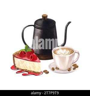 Tasse de café latte, cafetière et dessert, cheesecake aux framboises et confiture. Gâteau et boisson chaude décoré avec coeur de lait. Aquarelle dessinée à la main Banque D'Images
