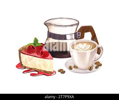 Tasse de café latte, cafetière et dessert, cheesecake aux framboises et confiture. Gâteau et boisson chaude décoré avec coeur de lait. Aquarelle dessinée à la main Banque D'Images
