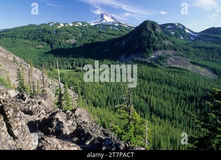 Mt Jefferson et Pyramid Peak du PCT au sud de Ruddy Hill, région pittoresque du lac Olallie, forêt nationale du mont Hood, Oregon Banque D'Images