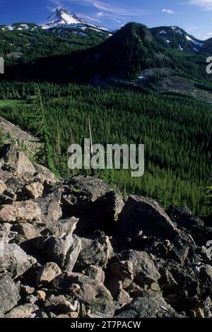 Mt Jefferson et Pyramid Peak du PCT au sud de Ruddy Hill, région pittoresque du lac Olallie, forêt nationale du mont Hood, Oregon Banque D'Images