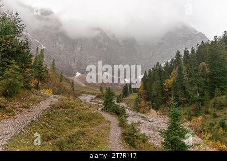 Brouillard dans le parc naturel de Karwendel, neige sur la chaîne de montagnes Hinterautal-Vomper, vallée étroite avec ruisseau Enger Grundbach, érable sycomore (Acer Banque D'Images