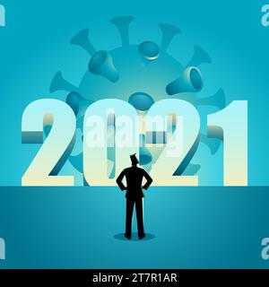 Illustration vectorielle d'un homme debout devant l'année 2021 avec le virus se cachant derrière Illustration de Vecteur
