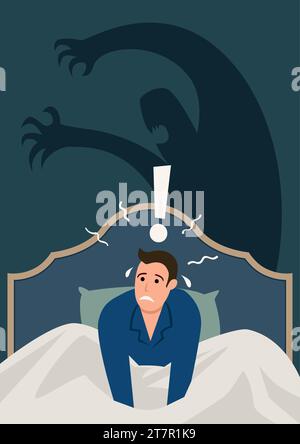 Illustration vectorielle plate simple d'un homme se réveille au milieu de la nuit, stressé et effrayé par un cauchemar. Anxiété, crise de panique, trouble du sommeil Illustration de Vecteur