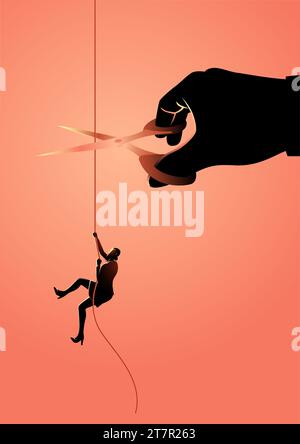 Illustration du concept d'entreprise d'une femme d'affaires grimpant sur la corde pendant ce temps, une main géante avec des ciseaux coupe la corde Illustration de Vecteur
