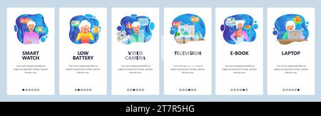 Écrans d'intégration des applications mobiles. Montre intelligente, technologie mobile, batterie faible, caméra vidéo et téléviseur. Modèle de bannière de vecteur de menu pour site Web et mobil Illustration de Vecteur