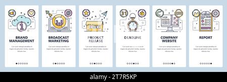 Écrans d'intégration des applications mobiles. Marketing numérique, image de marque, date limite et lancement du produit. Modèle de bannière de vecteur de menu pour le développement de site Web et mobile Illustration de Vecteur