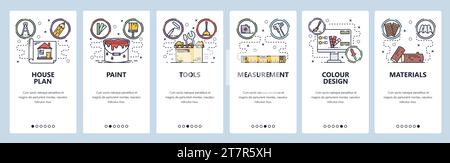 Écrans d'intégration des applications mobiles. Construction et construction de maisons, réparation de maisons, peinture, outils et matériaux. Modèle de bannière de vecteur de menu pour le site Web et m Illustration de Vecteur