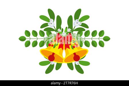 Guirlande de Noël avec cloches et branches de plantes, fleurs et baies. Illustration de Vecteur