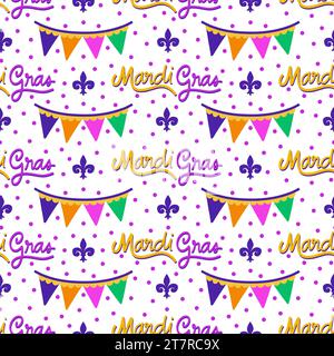 Mardi gras Lettering et Buntings sur White Seamless Pattern Design Banque D'Images