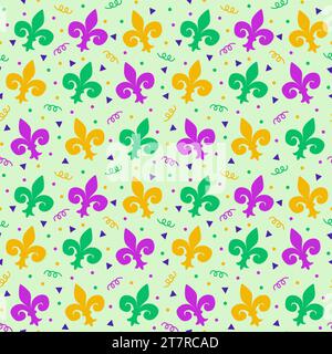 Mardi gras Fleur de LIS et Confetti sur Green Seamless Pattern Design Banque D'Images