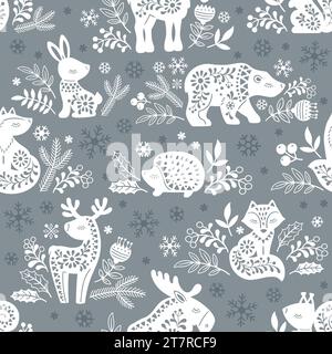 Motif sans couture vectoriel. Silhouettes ornées blanches d'animaux forestiers cerf, ours, élan, renard, lièvre, écureuil, hérisson parmi les fleurs sur un fond gris Illustration de Vecteur