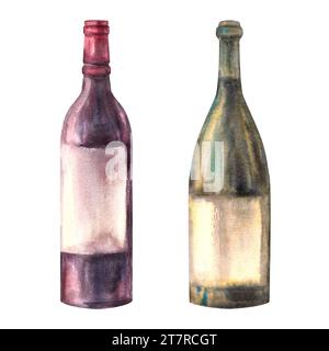 Ensemble aquarelle de deux bouteilles de vin rouge et blanc. Aquarelle dessin à la main des boissons alcoolisées illustration sur fond blanc. Vinification du raisin Banque D'Images