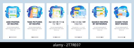 Recettes alimentaires saines en ligne. Téléchargez une photo de nourriture et partagez-la sur les médias sociaux. Livre de cuisine et recette de repas sur un téléphone. Écrans des applications mobiles. Vecteur de menu pour le web Illustration de Vecteur