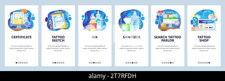 Certificat de magasin de tatouage, croquis de tatouage, encre, désinfectant. Écrans d'intégration des applications mobiles. Modèle de bannière de vecteur de menu pour le développement de site Web et mobile. Illustration de Vecteur