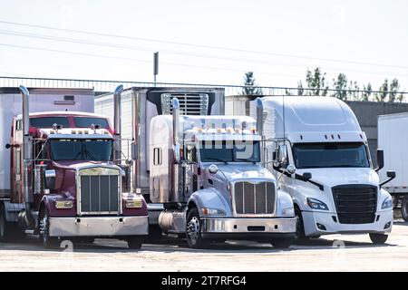 Transporteurs de longue haleine industriels différents tracteurs semi-camions big rig avec semi-remorques chargées debout en rangée sur le parking de l'aire de repos de la route Banque D'Images