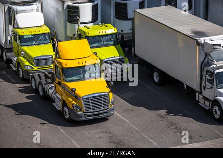 Transporteurs locaux industriels différents tracteurs semi-camions big rig avec semi-remorques debout en rangée sur le parking de l'entrepôt en attente de l'heure Banque D'Images