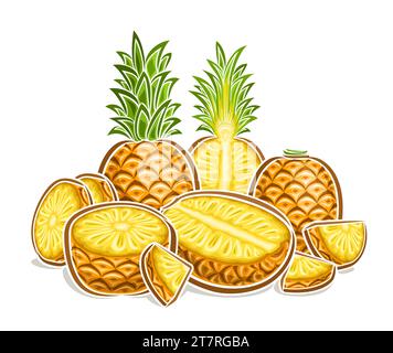 Logo vectoriel pour ananas, affiche horizontale décorative avec illustration de contour de la composition juteuse d'ananas, dessin animé imprimé fruité avec l'homme Illustration de Vecteur