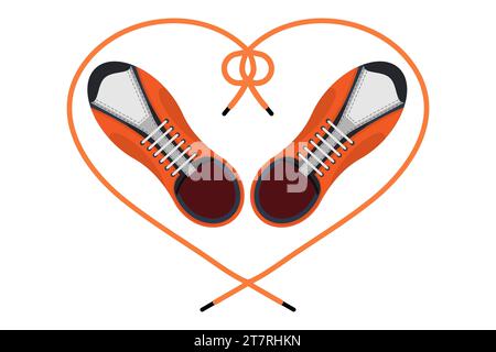 Deux sneakers avec lacets en forme de coeur. Vue de dessus. Une paire de chaussures de gym avec de longs lacets. Illustration vectorielle isolée sur fond blanc. Illustration de Vecteur