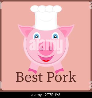Chef de porc avec chapeau de cuisinier. Personnage de dessin animé. Le meilleur porc. Conception de modèle pour les produits de viande de porc étiquetés. Illustration vectorielle. Illustration de Vecteur