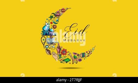 EID MUBARK MUSIM ÉVÉNEMENT ÉCRIT EN ANGLAIS CALLIGHRAPHY Creative Moon rempli de caractères isolés sur fond JAUNE. Illustration de Vecteur